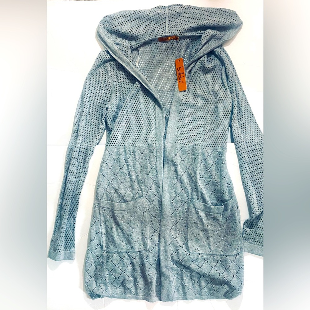 Long Gray cardigan with pockets and hoodie Size M